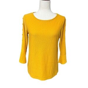 Rose + Olive Swiss Dot Mustard Yellow Top Small 3/4 Length Button Bell Sleeve